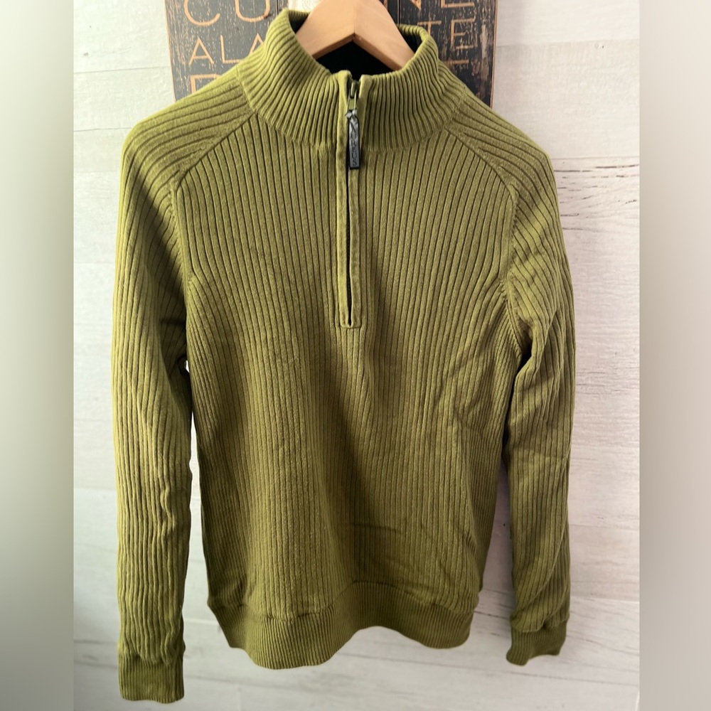 Men's Olive Half Zip-Up Lined Ribbed Sweater